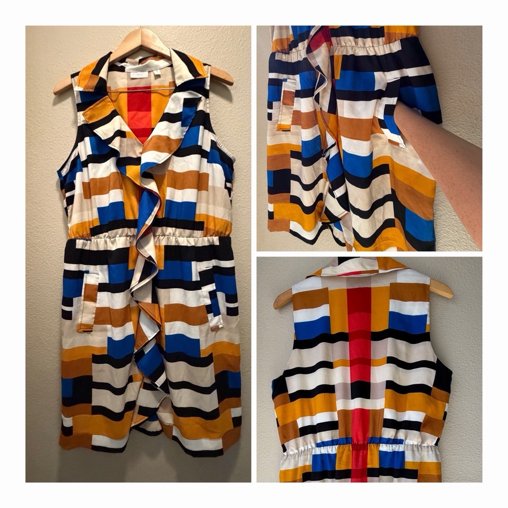 New York Co Dress XL Blue Geometric Colorblock Ruffle Sleeveless Pockets Midi